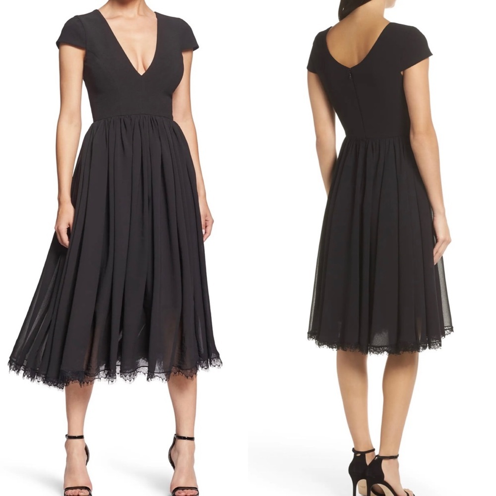 Dress the Population Womens Corey Fit & Flare Midi Dress Sz Large Black V Neck